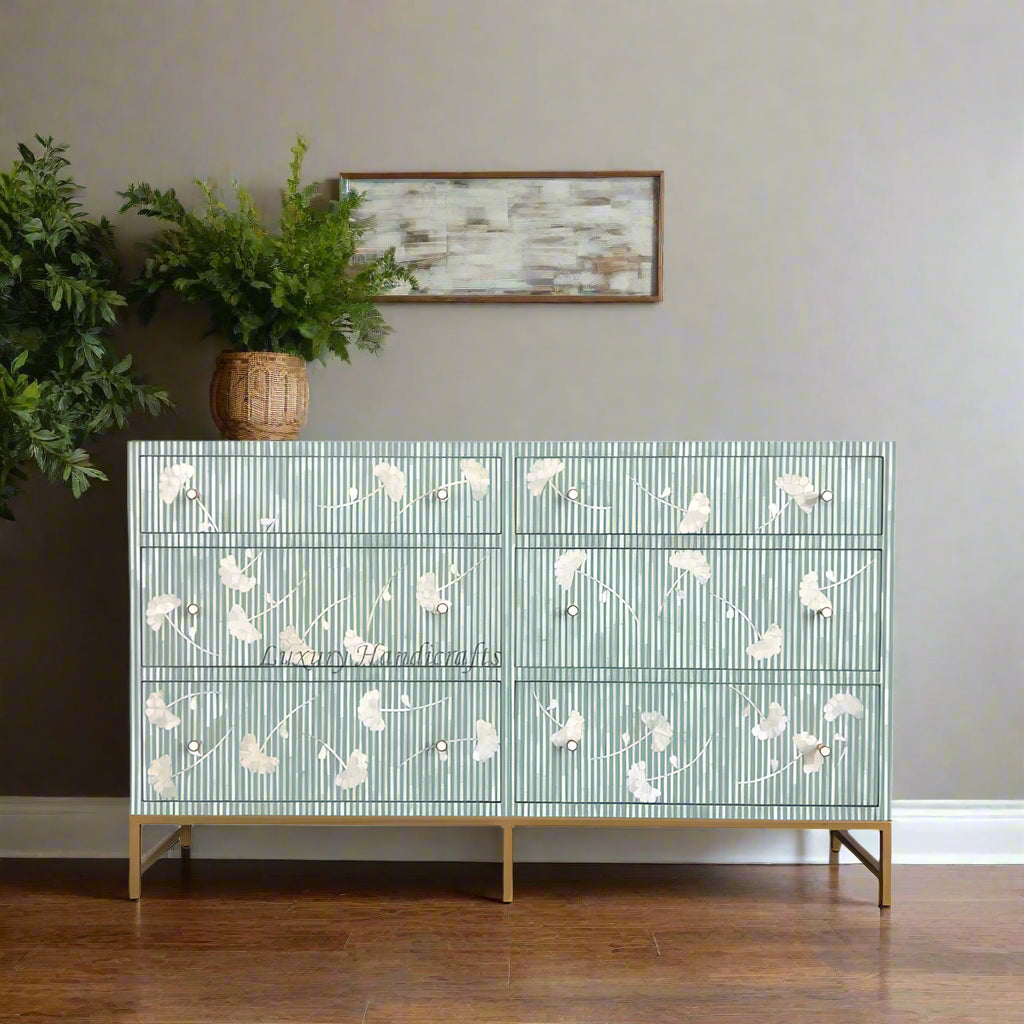 Ada Bone Inlay Chest of 6 Drawers Indigo Light Green  Luxury Handicraft