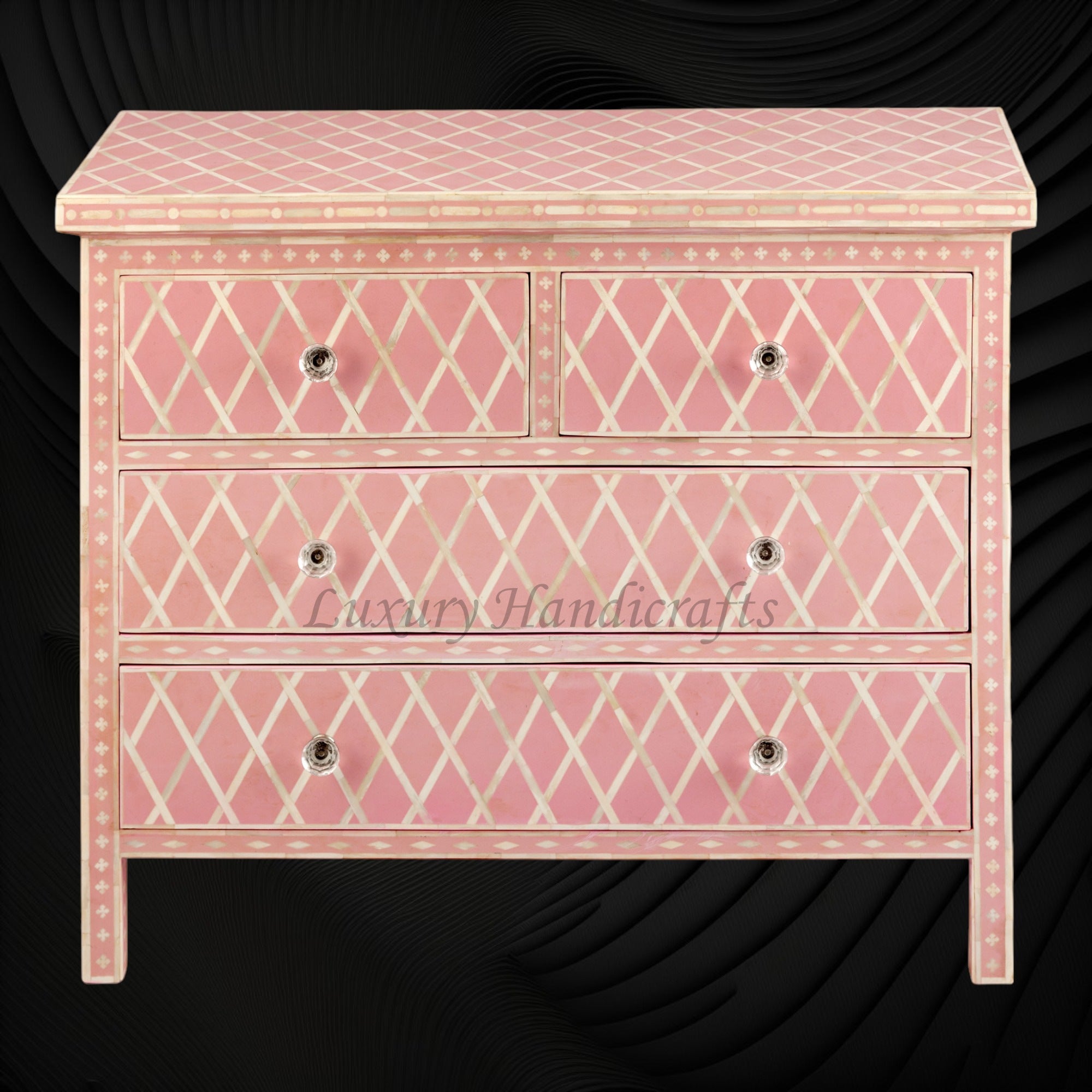 pink bone inlay dresser Handmade Pink Bone Inlay Chest of Drawers: Bohemian Floral Cabinet