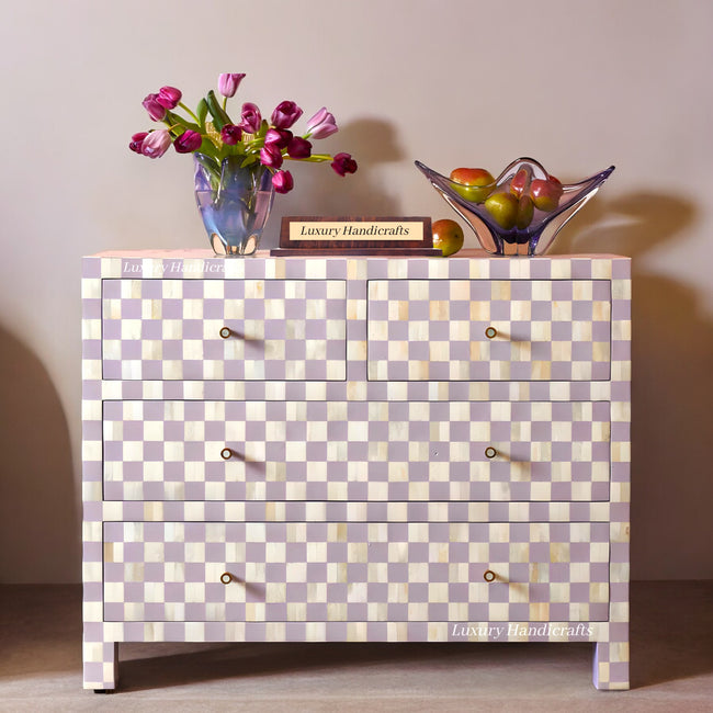  Lilac Bone Inlay 4 Drawer Checkerboard Dresser