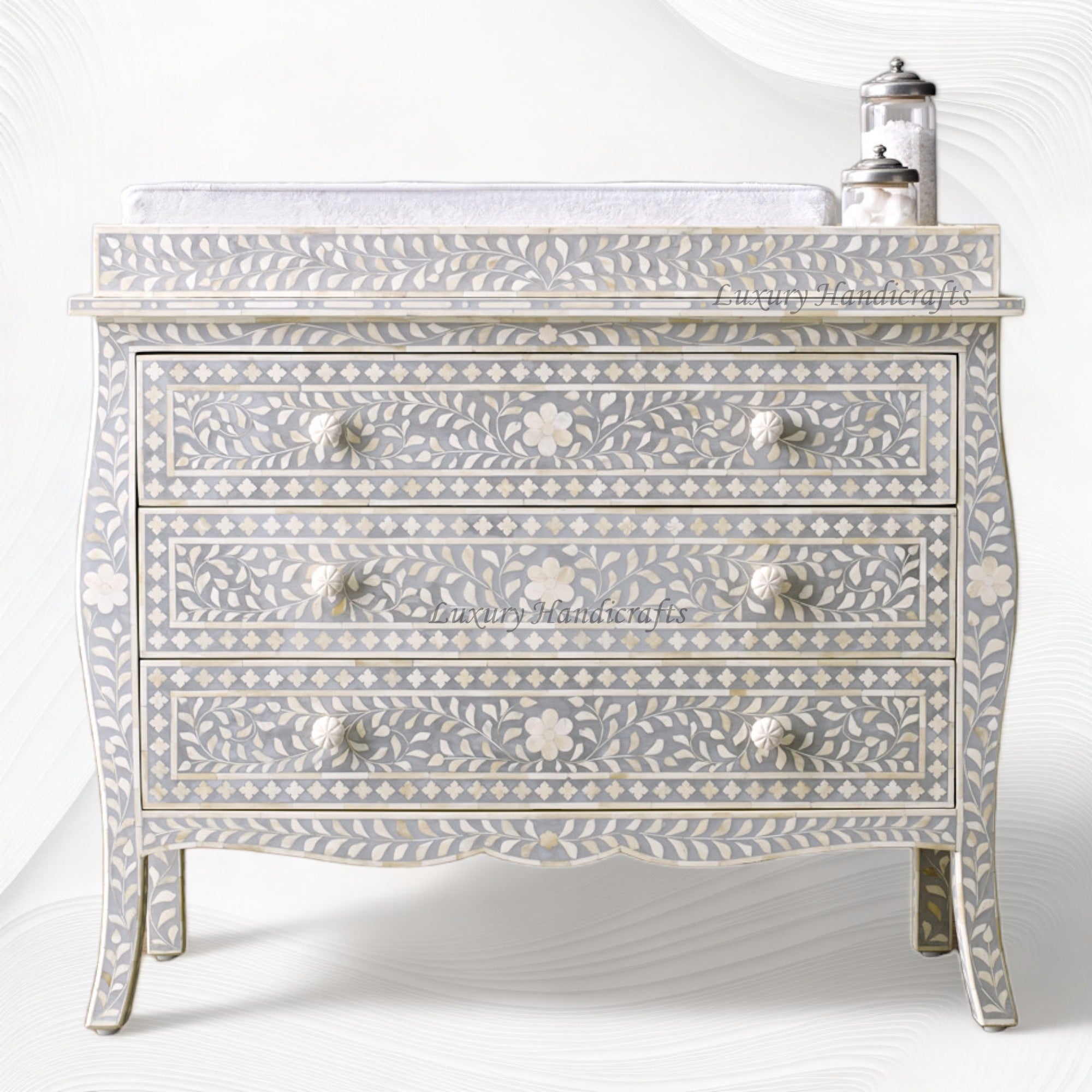 Bone Inlay Curved 3 Drawer Floral Dresser Grey with Topper – Luxury  Handicraft