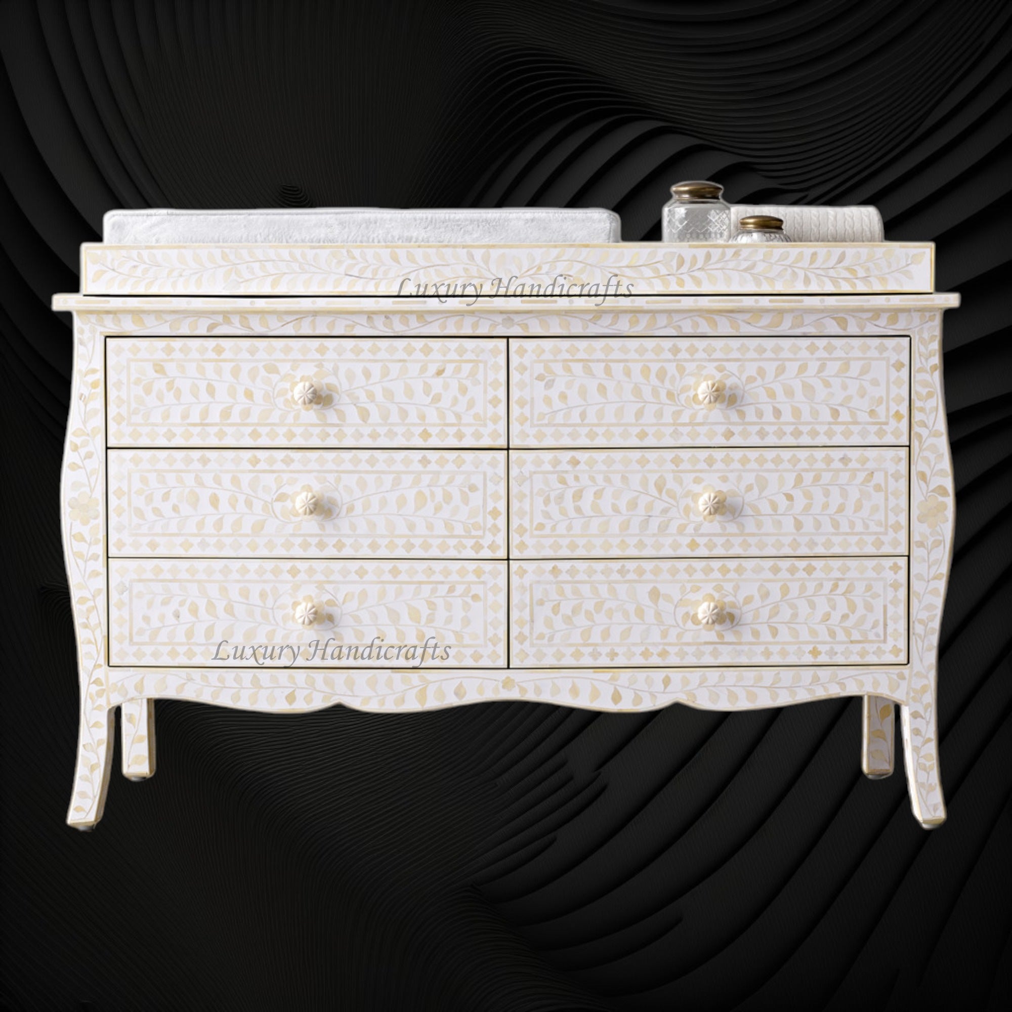 Bone Inlay Curved 6 Drawer Floral Dresser White with Topper – Luxury  Handicraft