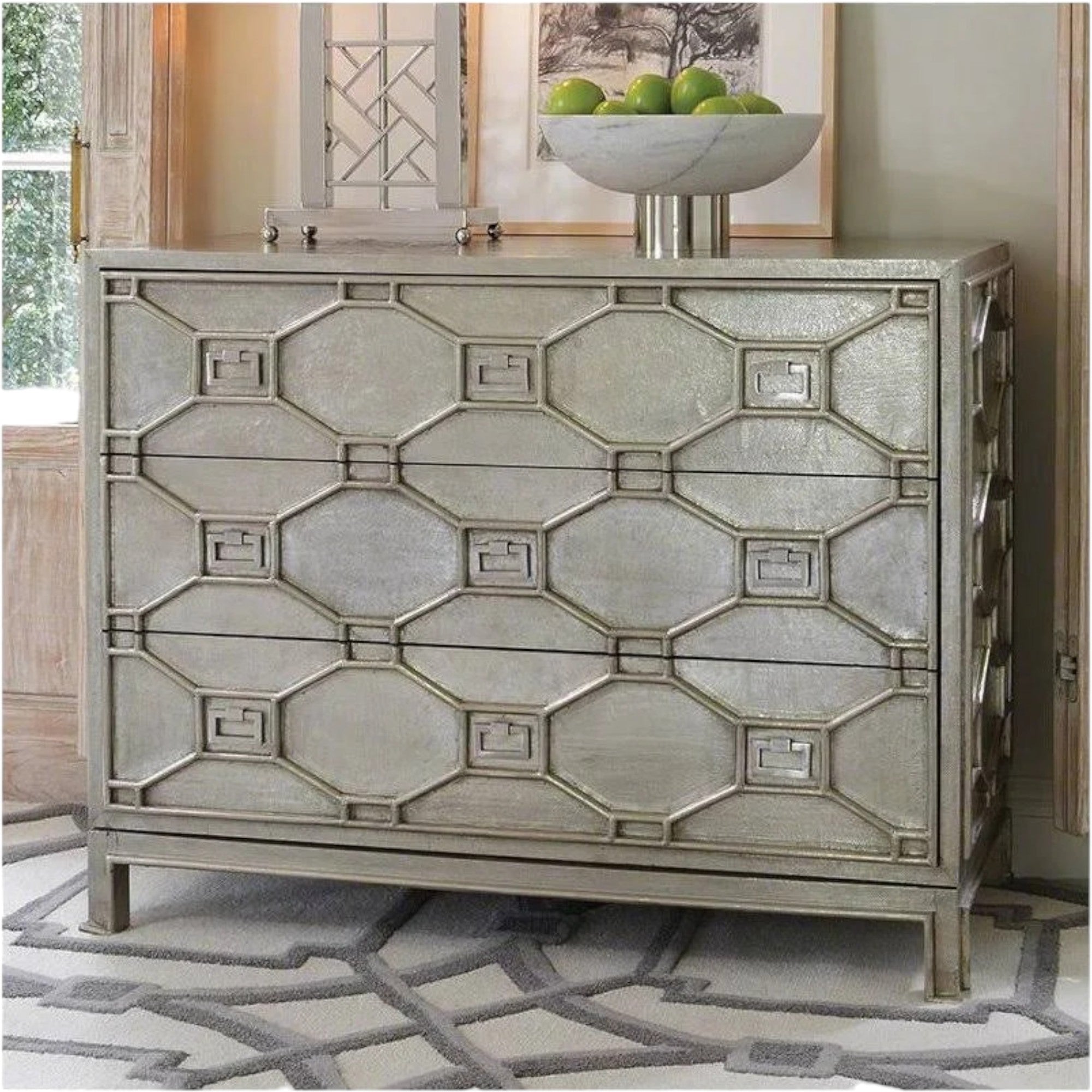 Chatham Hollywood Regency Silver Metal 3 Drawer Dresser Chatham Hollywood Regency Silver Metal 3 Drawer Dresser