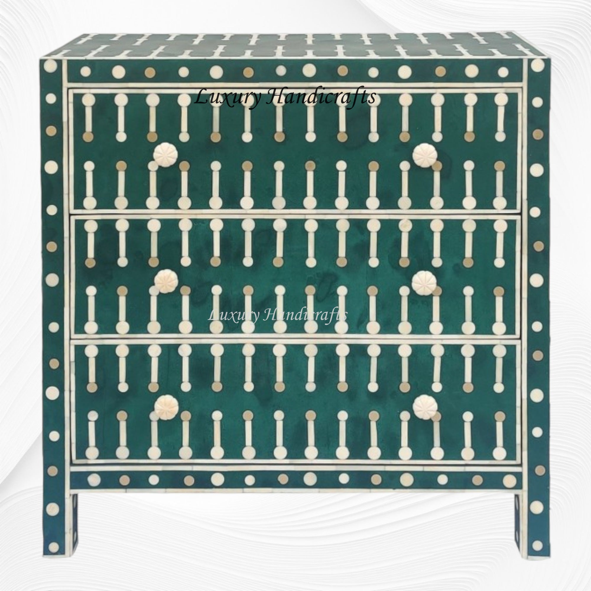 Dot Bone Inlay 3 Drawer Chest Dark Green Luxury Handicraft Dot Bone Inlay 3 Drawer Chest Dark Green Luxury Handicraft