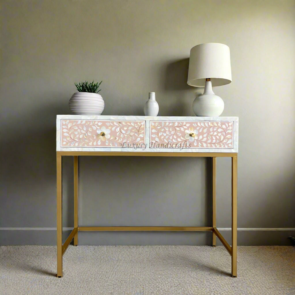 Floral MOP Inlay Console 2 Drawer Nude Pink Luxury Handicraft
