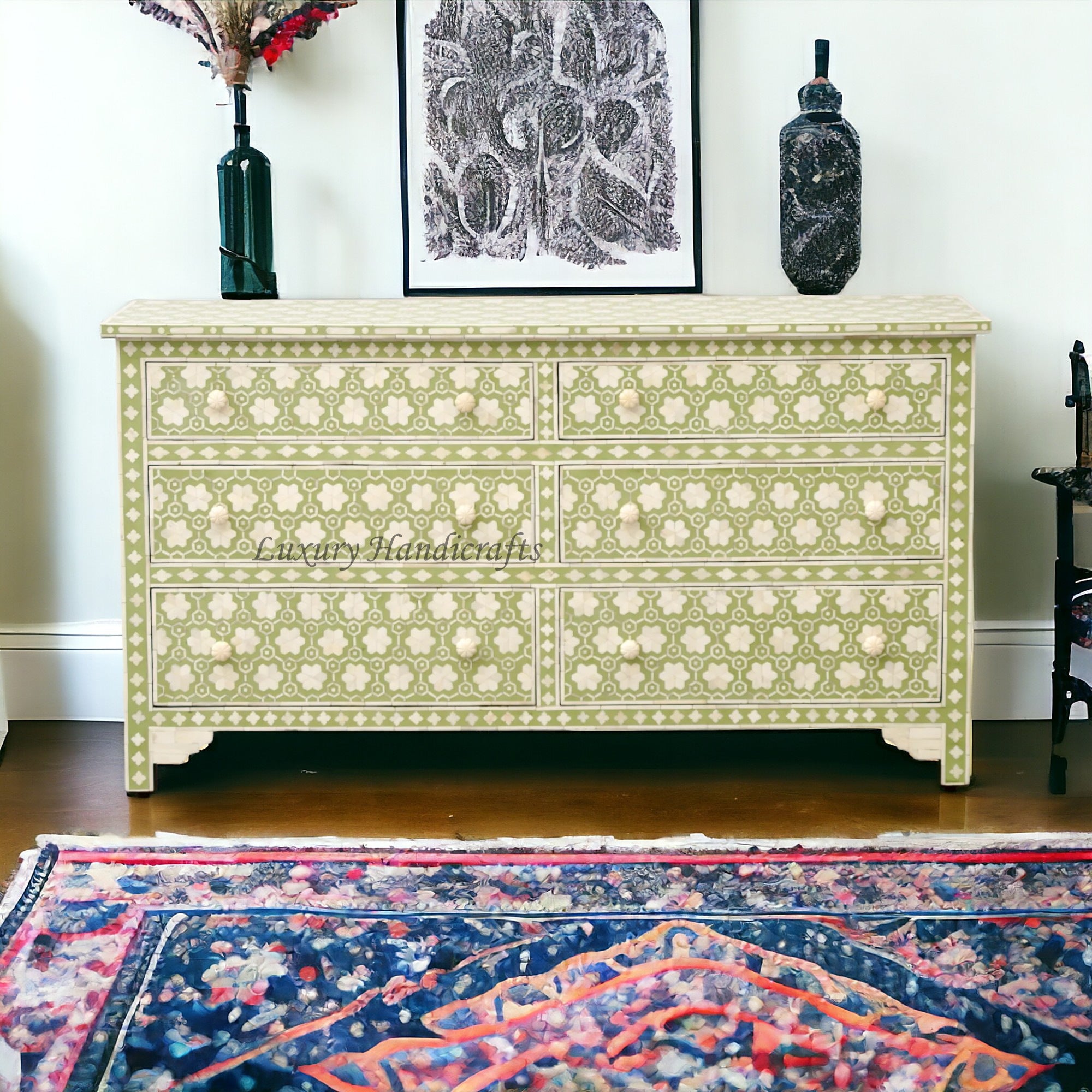 Flower Bone Inlay 6 Drawer Dresser Sage Green Luxury Handicraft Flower Bone Inlay 6 Drawer Dresser Sage Green Luxury Handicraft