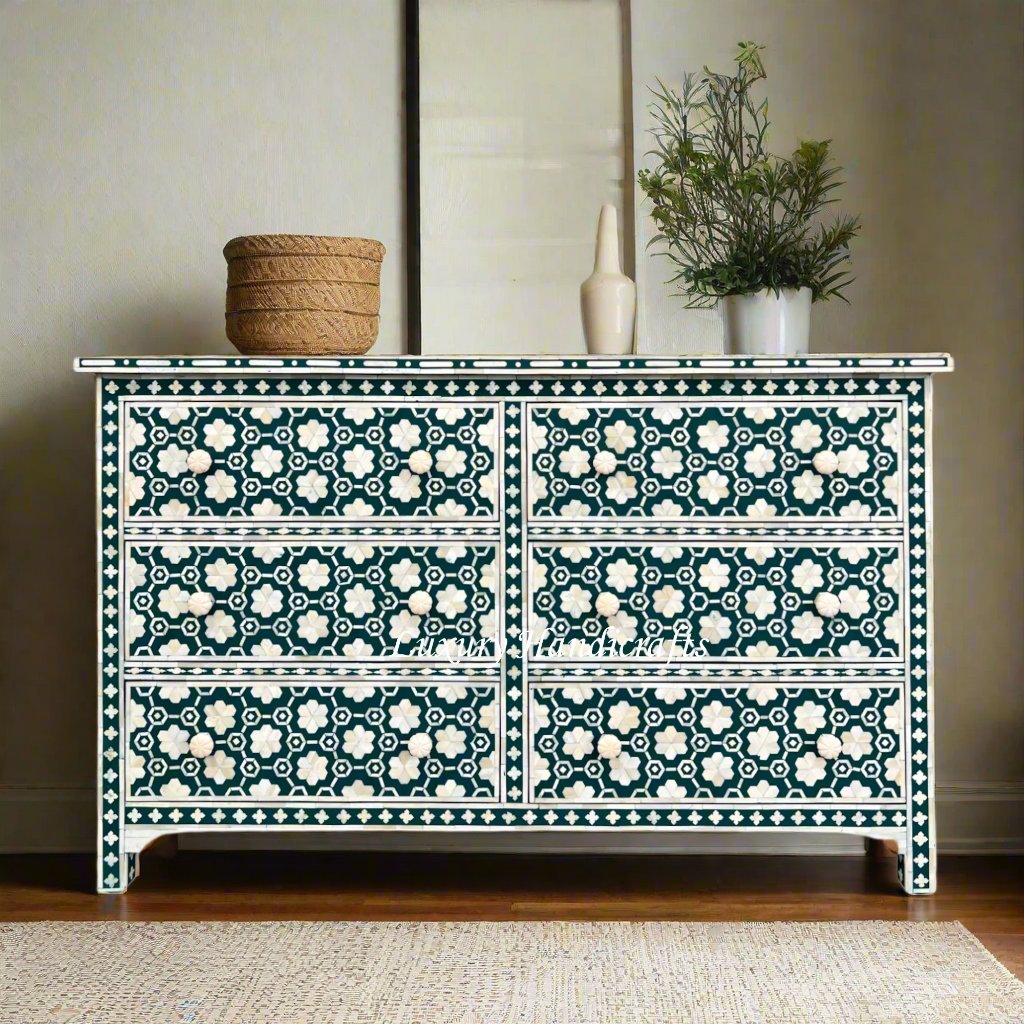 Flower Bone Inlay 6 Drawer Dresser Teal Green Flower Bone Inlay 6 Drawer Dresser Teal Green