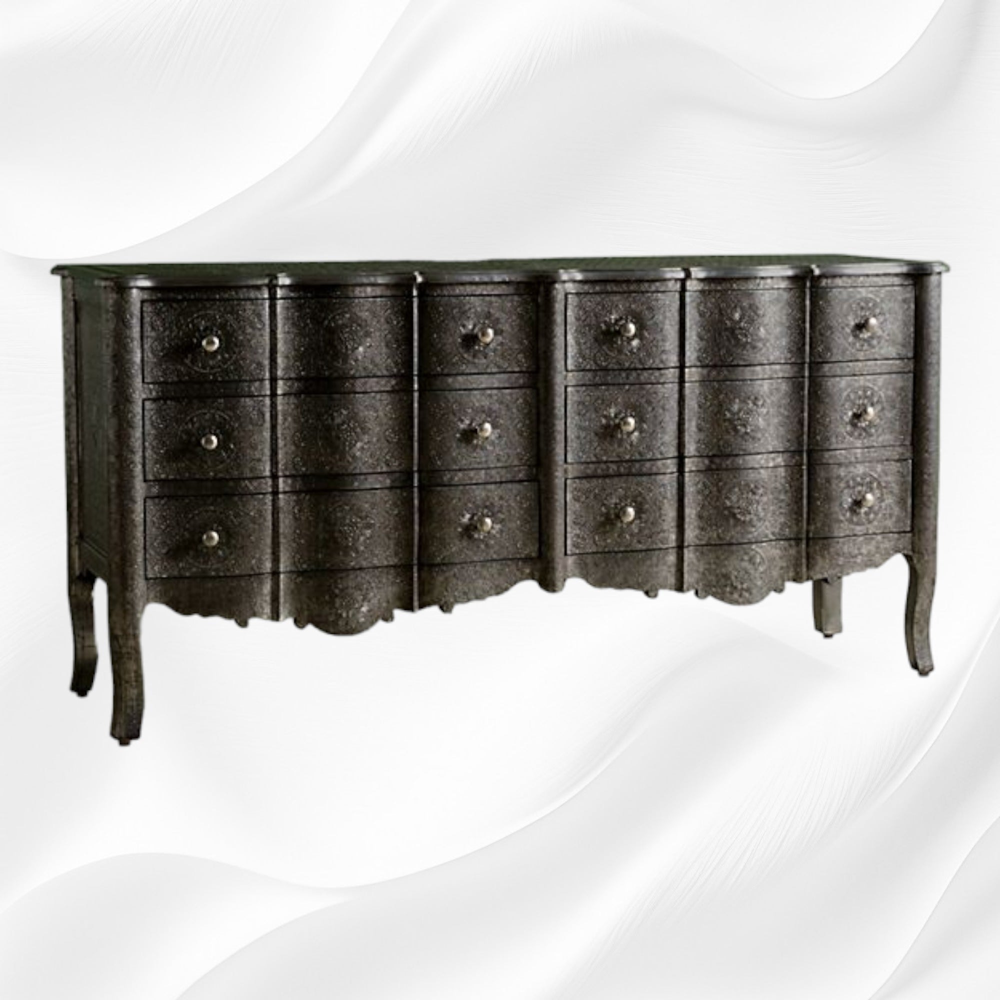 Jaden Antique Black Metal Embossed 6 Drawer Chest Luxury Handicraft Jaden Antique Black Metal Embossed 6 Drawer Chest Luxury Handicraft