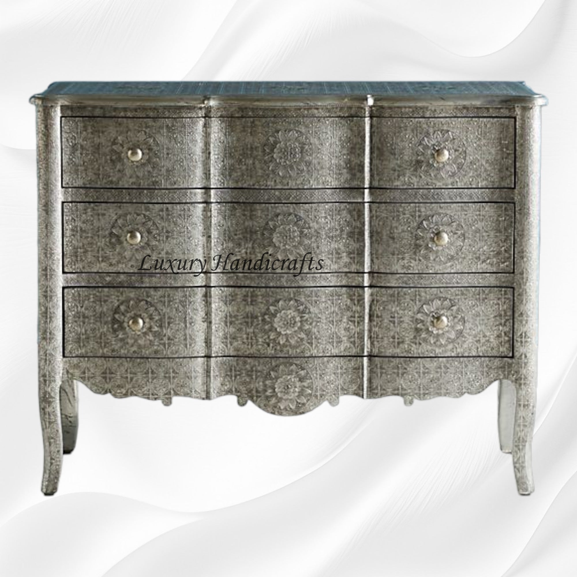 Jaden Antique White Metal Embossed 3 Drawer Chest – Luxury Handicraft