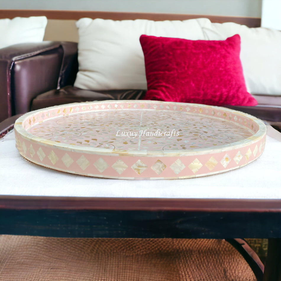 Large Round MOP Inlaid Tray Floral Light Pink 1