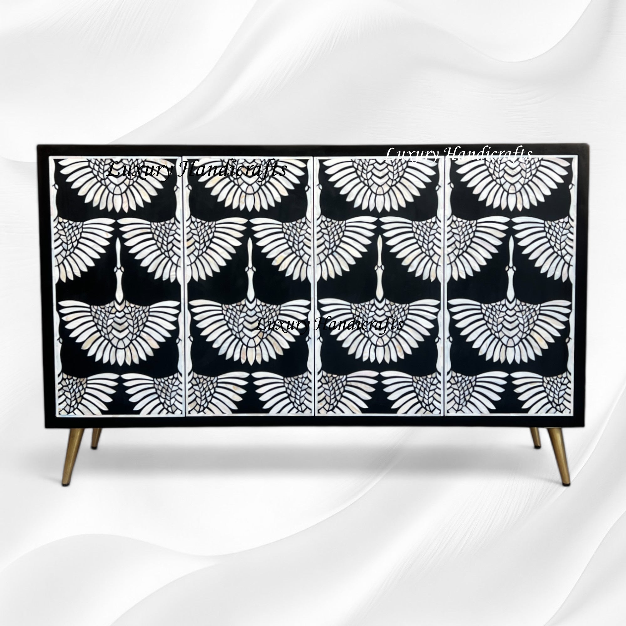 MOP Inlay Swan Cabinet 4 Door Black | Mother Of Pearl Inlay Cabinet –  Luxury Handicraft, image size:2000x2000