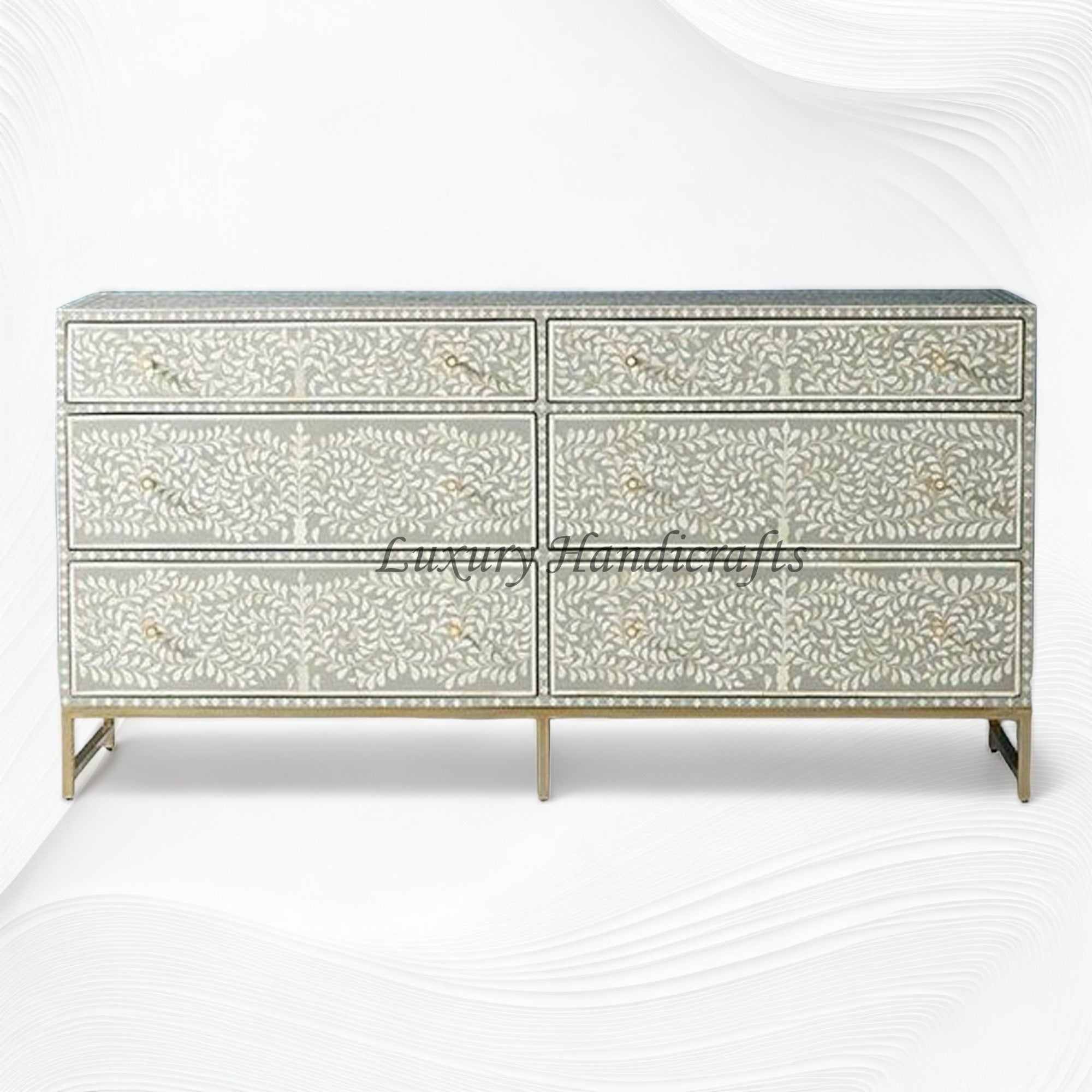 Scroll Vine Bone Inlay 6 Drawer Dresser Grey