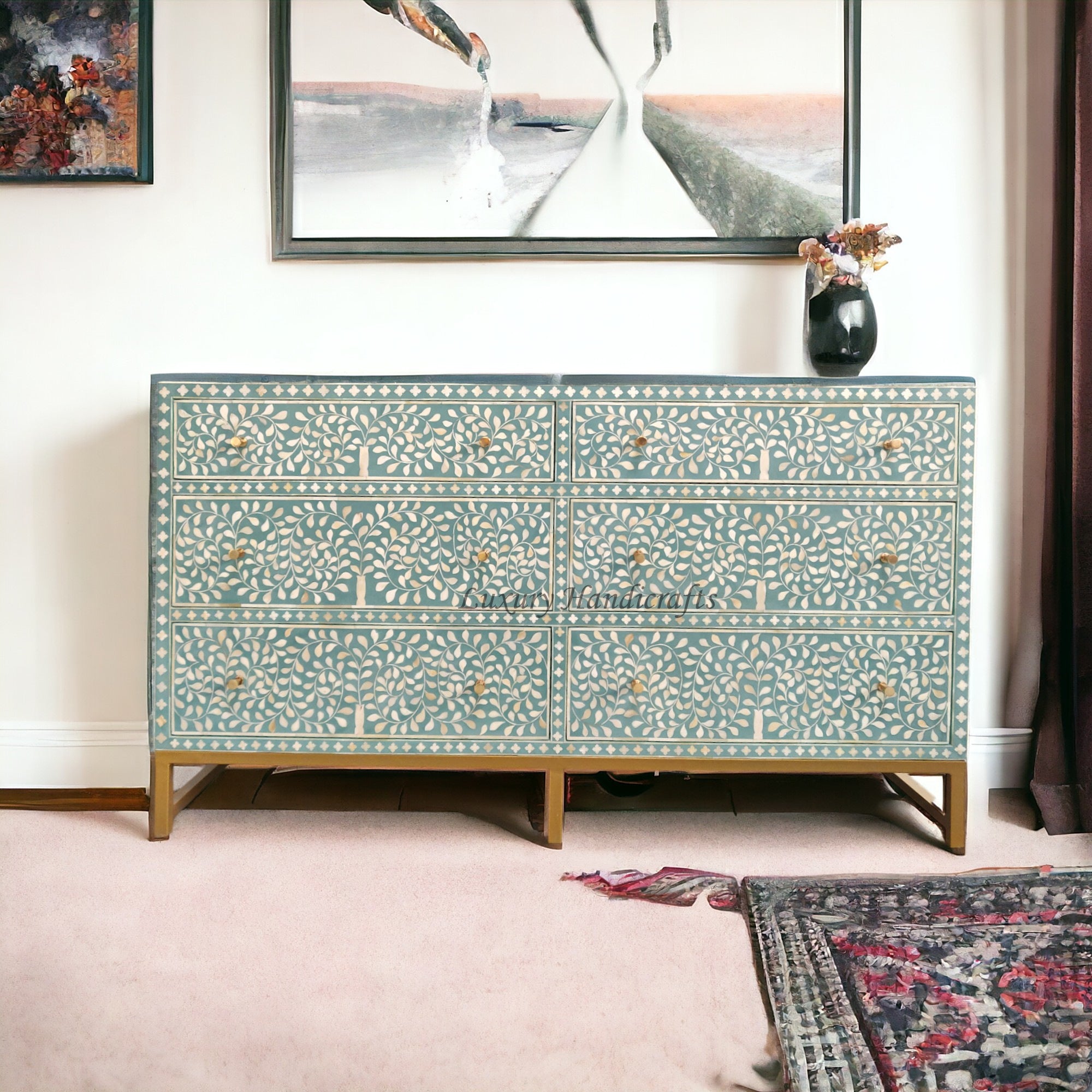 Scroll Vine Bone Inlay 6 Drawer Dresser Green