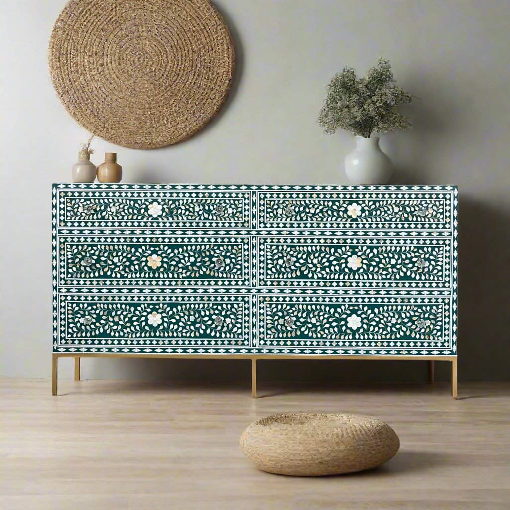 Scroll Vine MOP Inlay 6 Drawer Dresser Teal Green Scroll Vine MOP Inlay 6 Drawer Dresser Teal Green