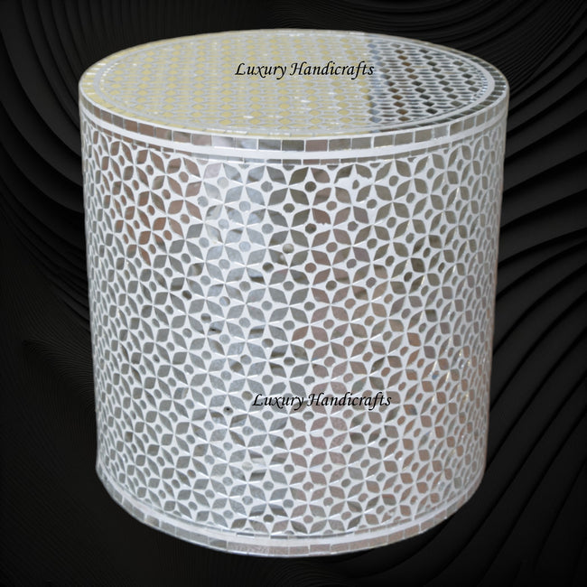 Thikri Glass Inlay Geometric Round Side Table White 1