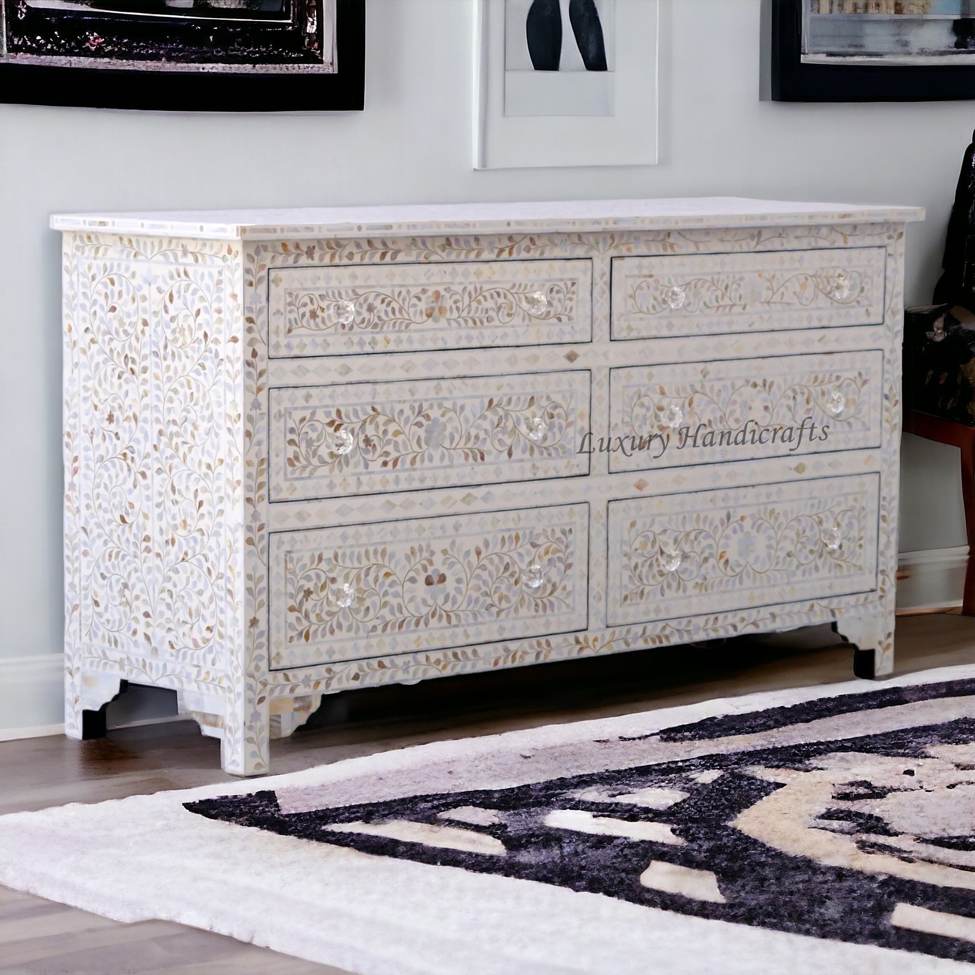 Willa Mother of Pearl Inlay 6 Drawer Dresser White Willa Mother of Pearl Inlay 6 Drawer Dresser White