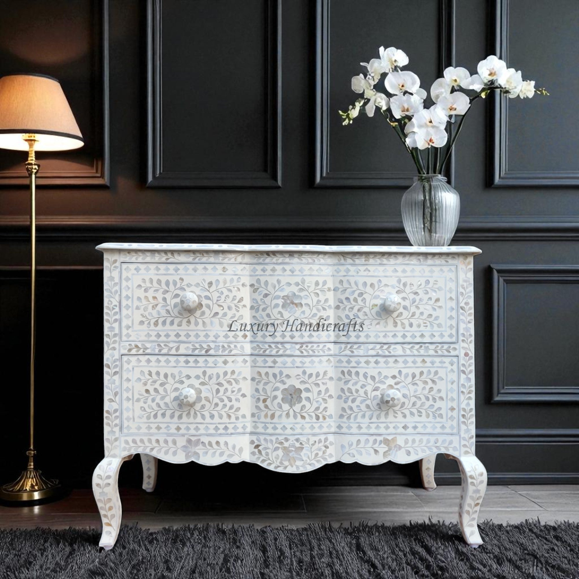 Estelle Mother of Pearl Inlay Curved Dresser Ivory Estelle Mother of Pearl Inlay Curved Dresser Ivory