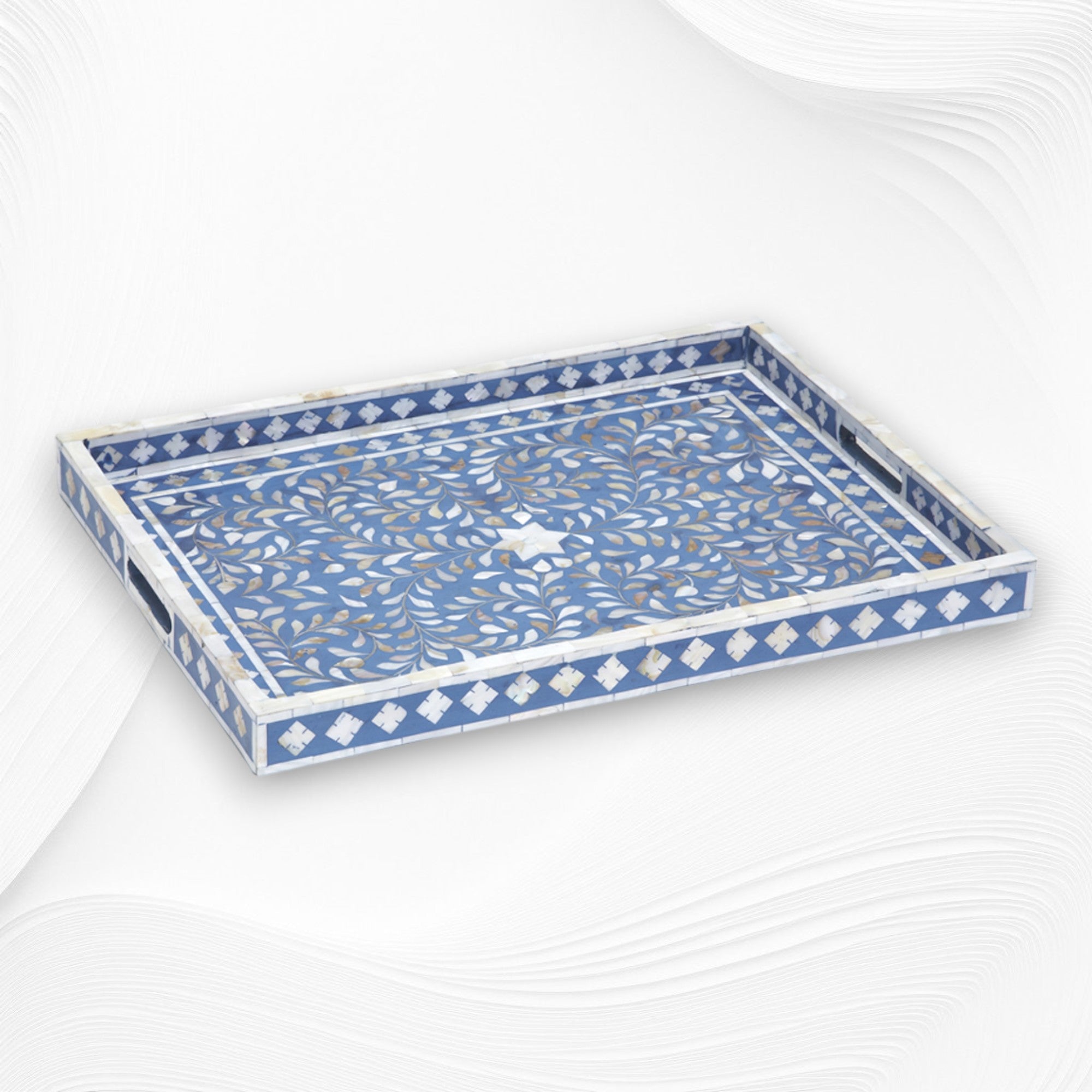Mother Of Pearl Inlay Floral Rectangular Tray Blue – Luxury Handicraft