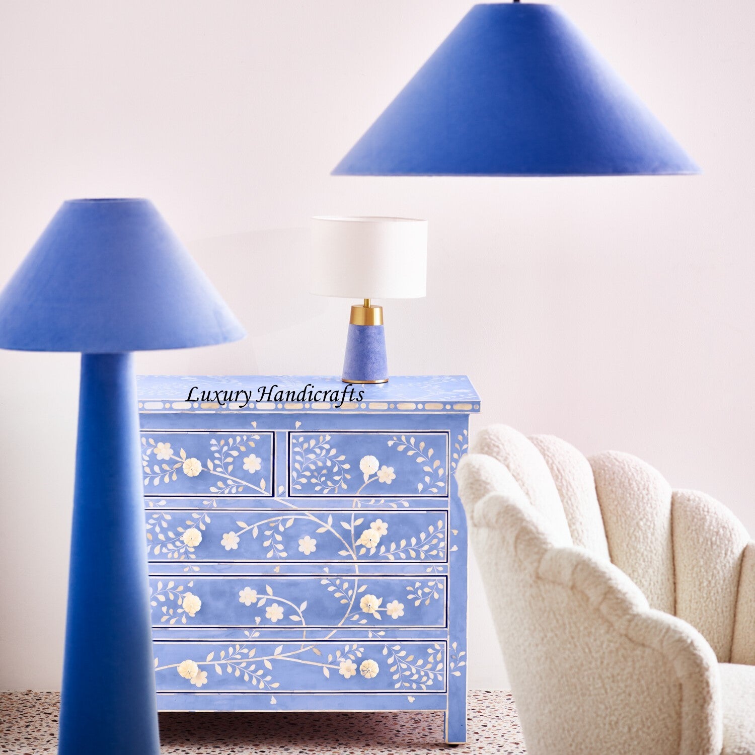 Vine Bone Inlay 5 Drawer Dresser Blue – Luxury Handicraft