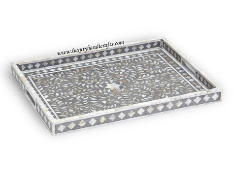 Mother Of Pearl Inlay Floral Rectangular Tray Grey 1