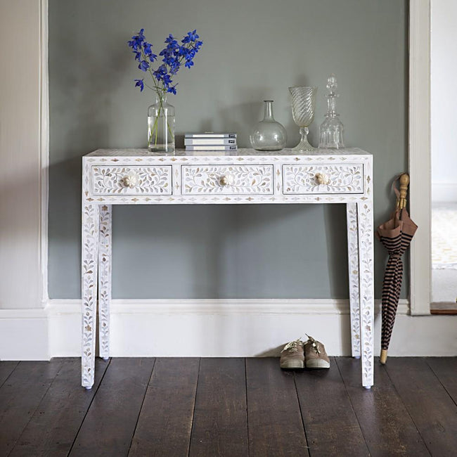 Floral Mother of Pearl Console Table 3 Drawers White 1