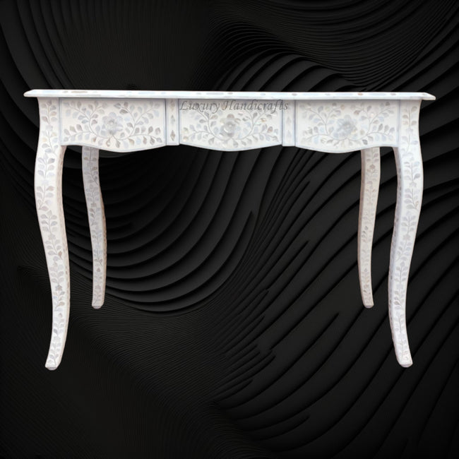 Curved Mother of Pearl Inlay Desk Floral Beige 1