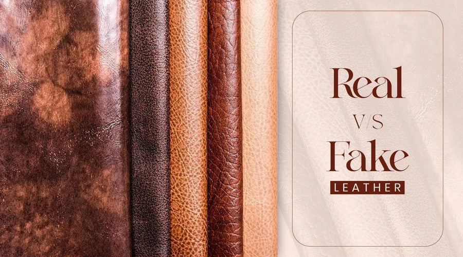 Real vs fake leather comparison banner showing different leather textures