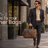 Stylish businessman carrying a brown leather laptop bag on a city street.