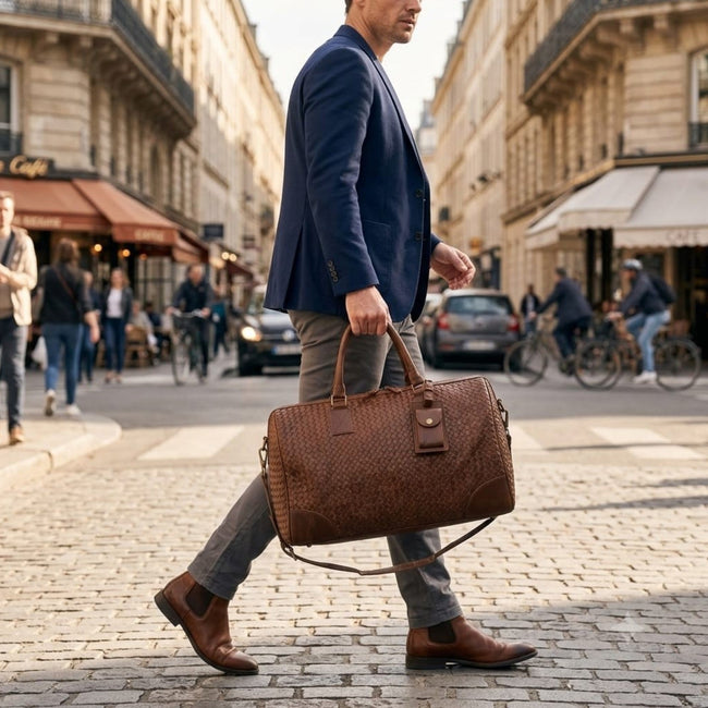 Abra Woven Leather Duffel Bag Brown