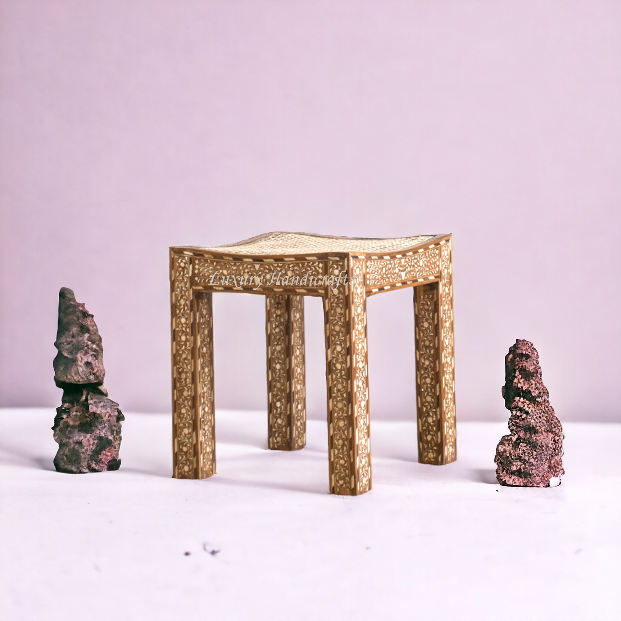 Alivia Teakwood Bone Inlay Cane Stool Natural – Luxury Handicraft