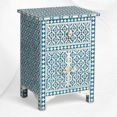 Table de chevet Arctic avec incrustation d'os bleu, 1 tiroir, 2 portes