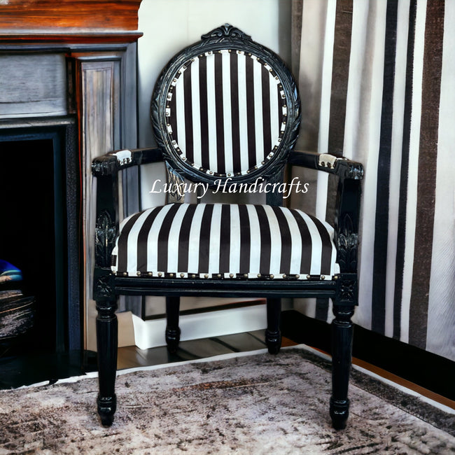 Archibald Baroque Velvet Stripped Black Chair with Arm 1