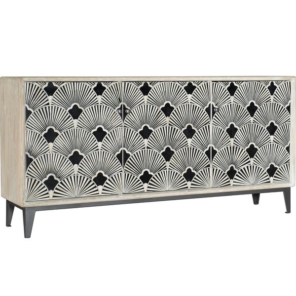 Bone Inlay Flower Entertainment Credenza White Distress Finish 2