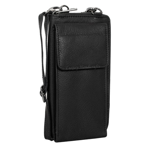Black leather wallet with a strap 