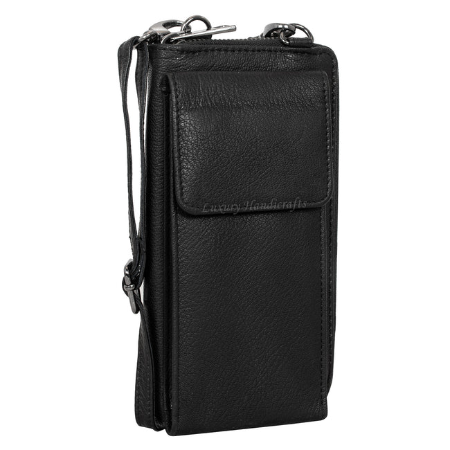 Black leather wallet with a strap 