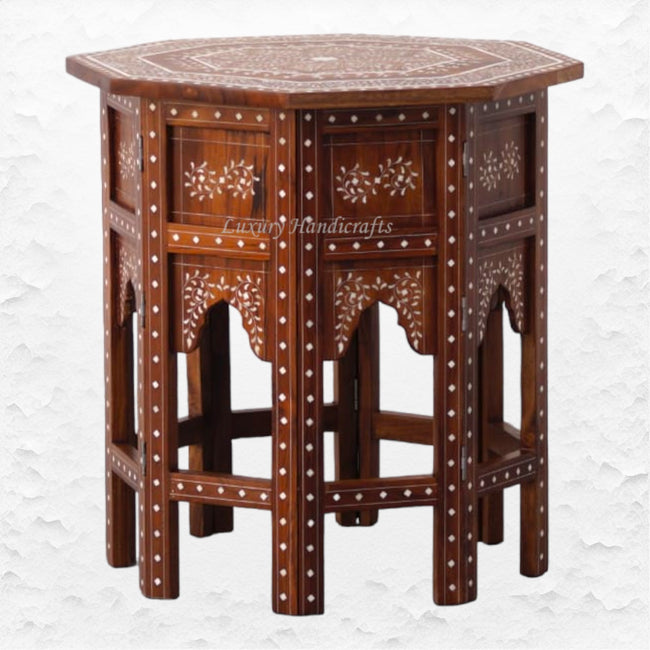 Custom Bone Inlaid Octagonal Side Table Brown 1