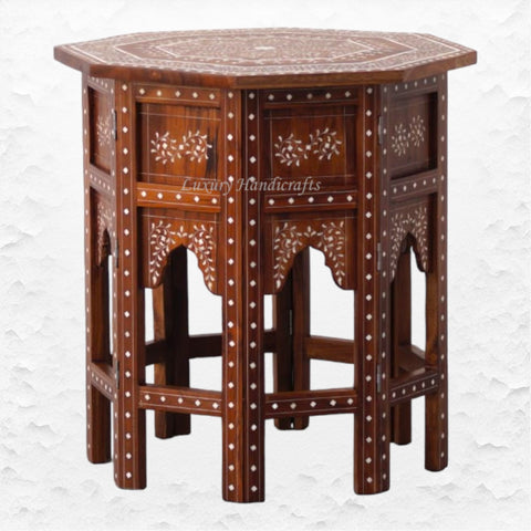Custom Bone Inlaid Octagonal Side Table Brown