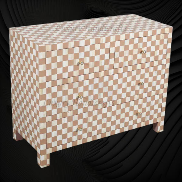 Bone Inlay 4 Drawer Checkerboard Dresser Almond