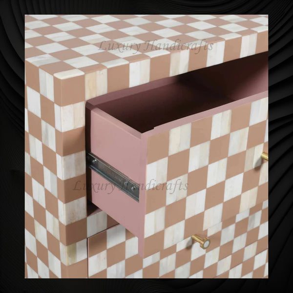 Bone Inlay 4 Drawer Checkerboard Dresser Almond