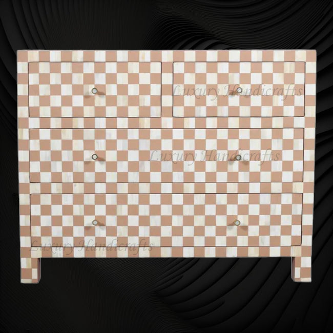 Bone Inlay 4 Drawer Checkerboard Dresser Almond 1