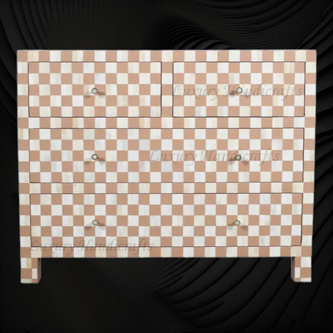 Bone Inlay 4 Drawer Checkerboard Dresser Almond