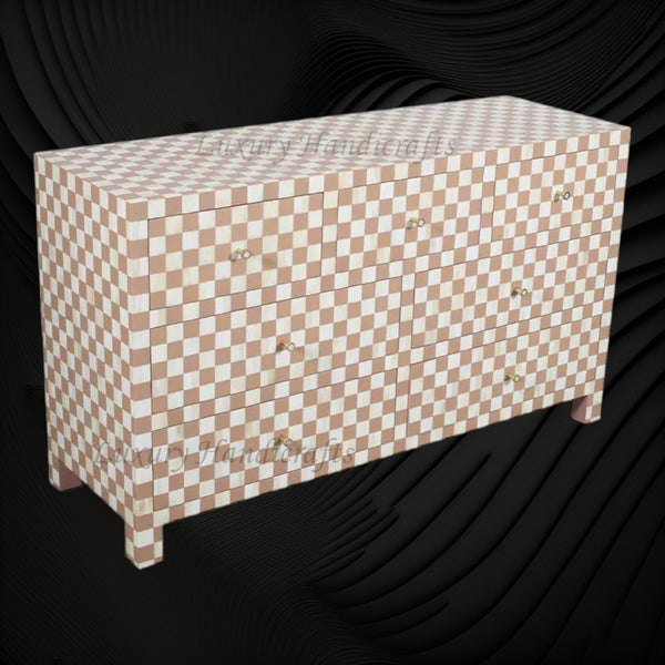 Bone Inlay 7 Drawer Checkerboard Dresser Almond