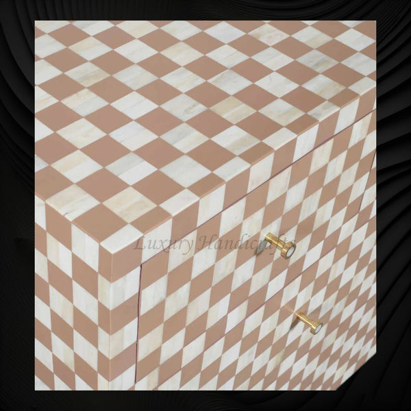 Bone Inlay 7 Drawer Checkerboard Dresser Almond