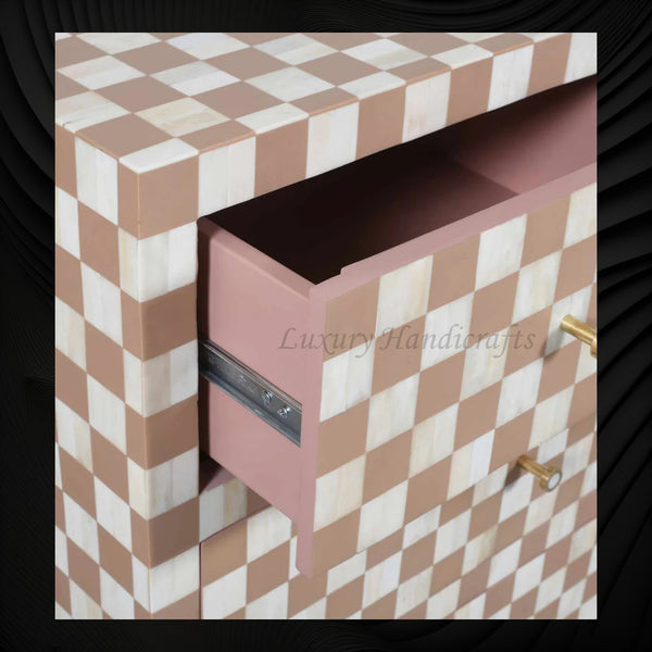 Bone Inlay 7 Drawer Checkerboard Dresser Almond