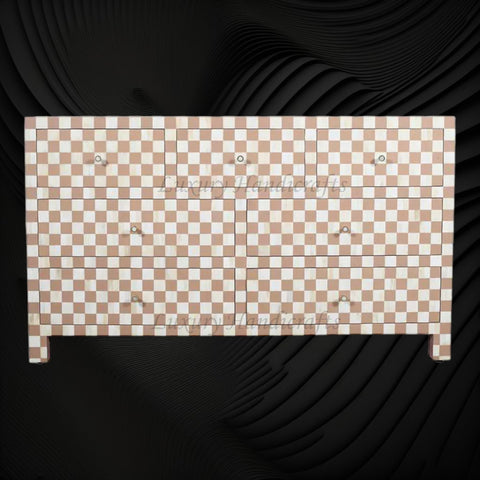 Bone Inlay 7 Drawer Checkerboard Dresser Almond  1