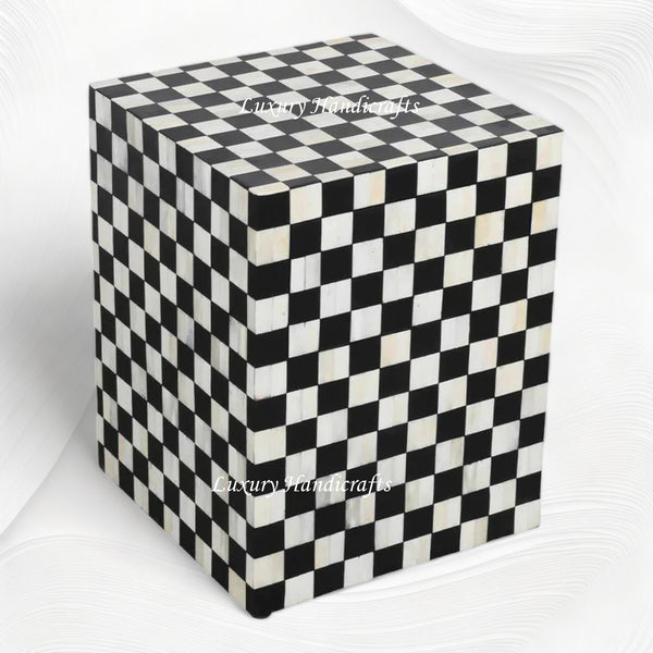 Bone Inlay Checkerboard Bedside Black