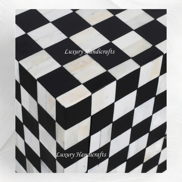 Bone Inlay Checkerboard Bedside Black