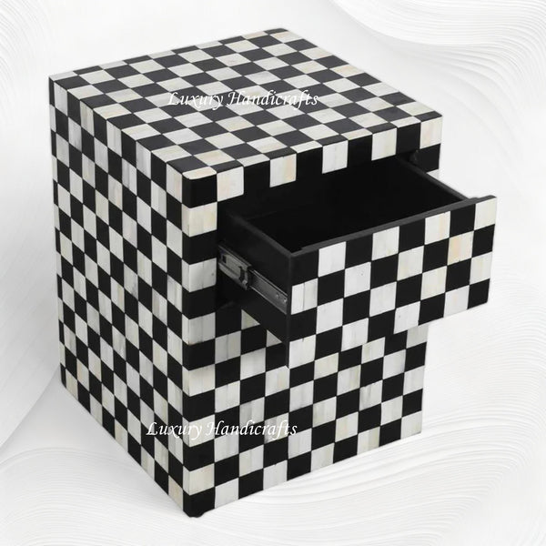 Bone Inlay Checkerboard Bedside Black