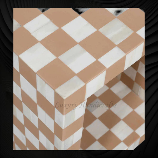 Bone Inlay Checkerboard Side Table Almond