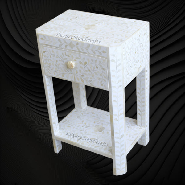 Bone Inlay Edge Floral Bedside White
