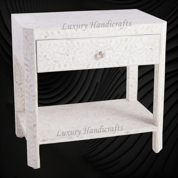 Bone Inlay Edge Floral Bedside White